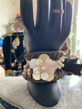 Genuine Pearl and Mother of Pearl Flower Bracelet Cuff